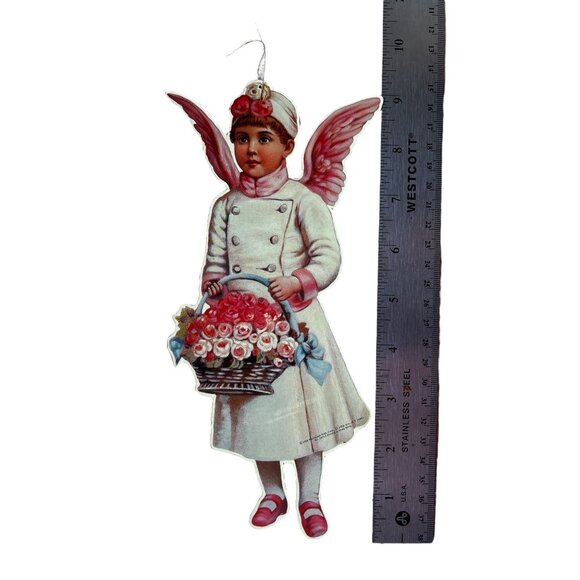 Vintage Victorian Angel Ornament With Pink Wings & Basket Of Roses 9” Tall - Picture 3 of 3